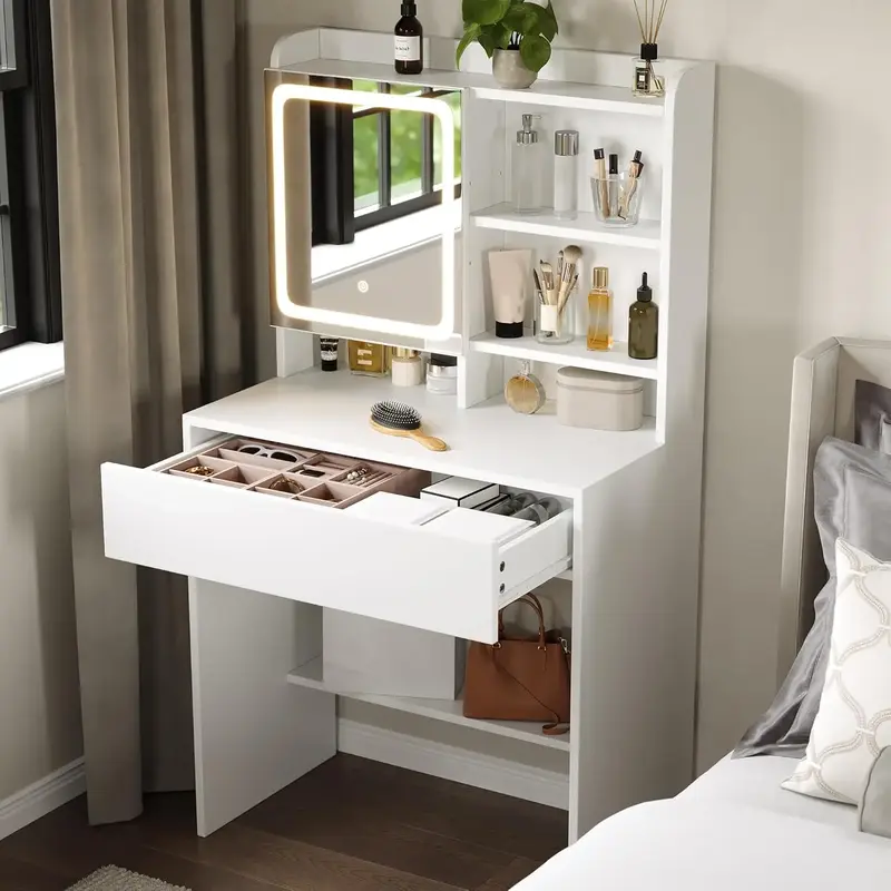 Dowinx Small Vanity Desk with Mirror and Lights, Makeup Vanity with Drawer & Storage Shelves, 3 Lighting Modes Adjustable Bri...