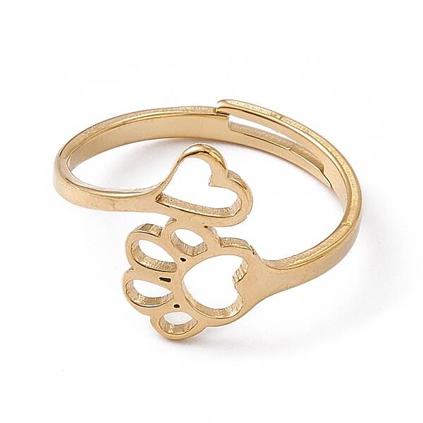 Ion Plating(IP) 201 Stainless Steel Heart & Dog Paw Prints Adjustable Ring for Women