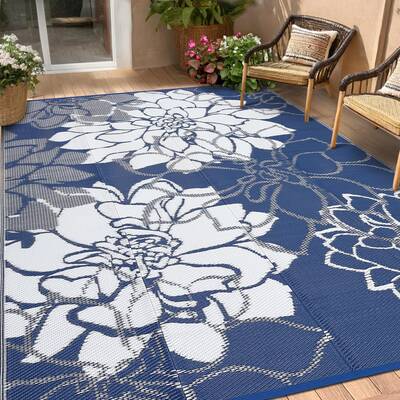 Garvee Outdoor Rug 9x12 Reversible Modern Floral Waterproof Washable Polypropylene Slip-Resistant Stakes Included Patio Deck ...