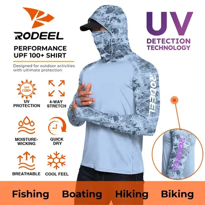 ăRODEELăRIIIPO 934 Sun Hoodie Shirts w/ UV Detection Mask Neck Gaiter Thumbhole Men UPF 100+ Sun Protection Long Sleeve L...