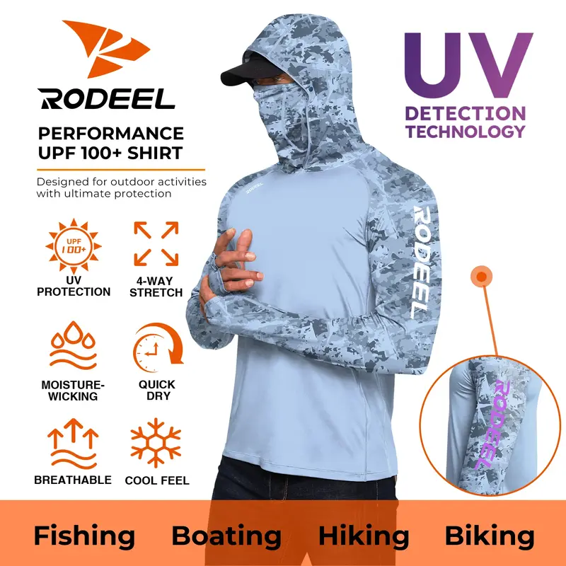 【RODEEL】RIIIPO 934 Sun Hoodie Shirts w/ UV Detection Mask Neck Gaiter Thumbhole Men UPF 100+ Sun Protection Long Sleeve L...