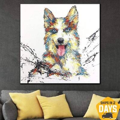 Large Original Oil Painting Abstract Dog Painting Colorful Wall Art Oil Paintings On Canvas | FAITHFUL FRIEND 24"x24&quo...