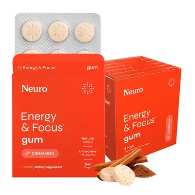 Neuro Energy Caffeine Gum for Energy & Focus - Sugar-Free with L-theanine, Caffeine, Vitamin B12 & Vitamin B6 - Cinnamon Flav...