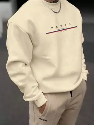 Men's Solid Color & Letter Print Drop Shoulder Sweatshirt, Regular Fit Casual Soft Comfy Long Sleeve Round Neck Pullover for...