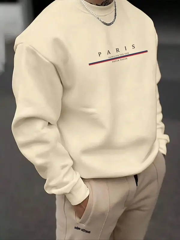 Men's Solid Color & Letter Print Drop Shoulder Sweatshirt, Regular Fit Casual Soft Comfy Long Sleeve Round Neck Pullover for...