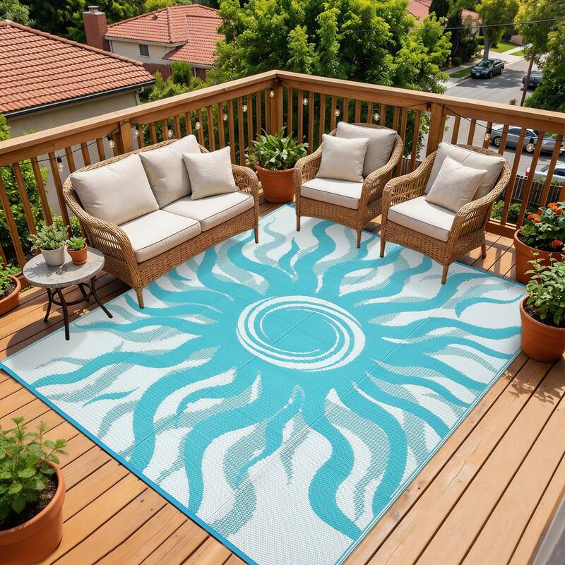 Garvee Outdoor Rug 8x10 Waterproof Boho Sun Pattern Reversible Plastic Straw UV-Resistant Lightweight Patio Deck Camping Mat