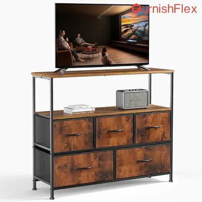 【Deal】SweetFurniture Dresser TV Stand, Entertainment Center with 5 Fabric Drawers, Media Console Table for TV with Open S...