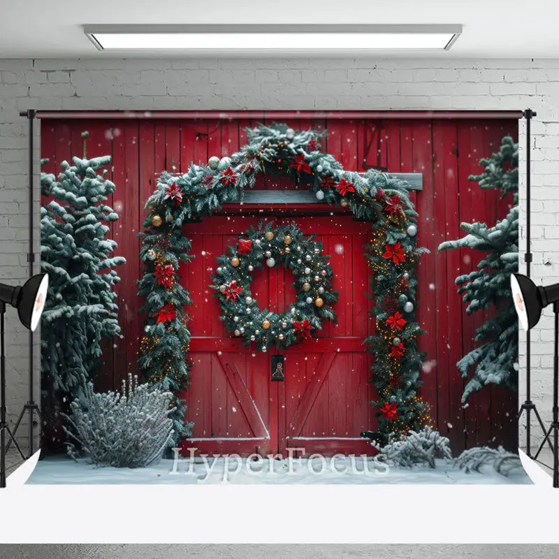 Festive Snowy Christmas Red Barn Door Photo Backdrop - Aperturee