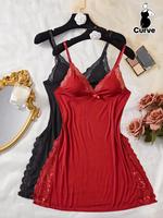 【Plus Size】 Contrast Lace Split Thigh Cami Nightdress, Elegant Casual Fit Soft Comfortable Sleep Dress, Night Gown for Wo...