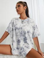 Women's Tie Dye Print Drop Shoulder Tee, Street Fashion Casual Loose Fit Short Sleeve Round Neck T-shirt for Summer, Ladies C...