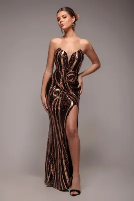 Goddiva Strapless Multi Sequin Maxi Dress - Bronze