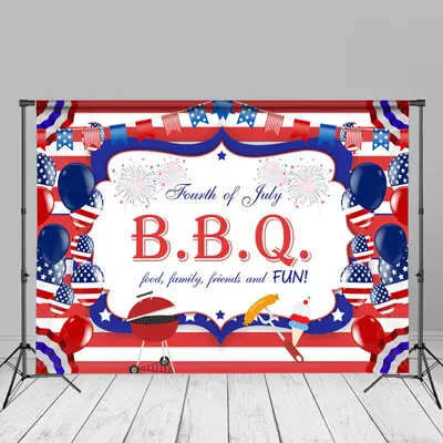 Blue Red Flags Family BBQ Independence Day Backdrop - Aperturee