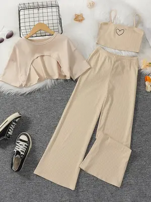 Girl's Heart Print Cami Top & Short Sleeve Top & Pants Set, Casual Fashion Cozy Three-piece Set for Daily Outdoor Wear, Kids ...