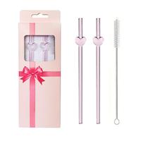Heart Shaped Glass Straw Set, 3 Counts/set Including 2 Counts Straws & 1 Count Brush, Reusable Heat Resistant Straw, Drinkwar...