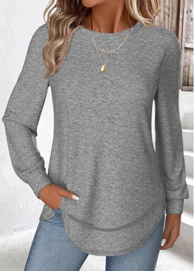 Modlily Grey Curved Hem Long Sleeve T Shirt - L