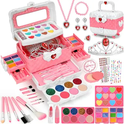 Children's Make-up Set with Drawer Storage Box Portable role-play toy, 56-piece set including powder puff, lipstick, eyeshado...