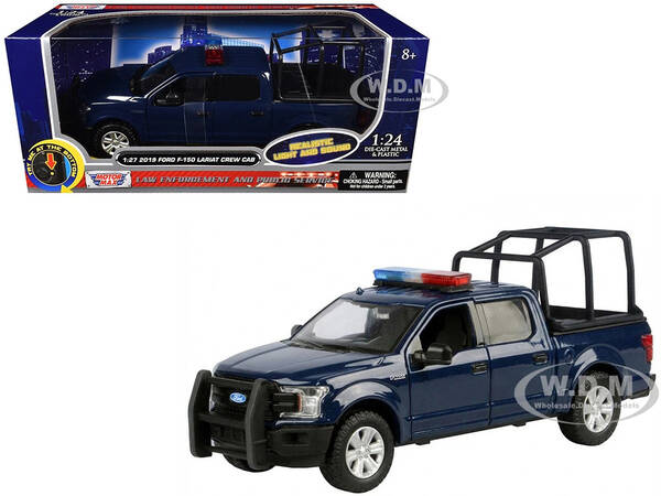 2019 Ford F-150 Lariat Crew Cab Pickup Truck with Bed Cage Dark Blue with Flashing Light Bar and Front and Rear Lights and So...