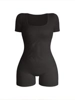Women's Solid Short Sleeve Sports Bodysuit, Casual Sporty Square Neck Bodycon Bodysuit for Yoga Gym Workout, Ladies Sportswea...