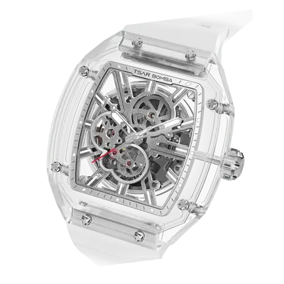 TSAR BOMBA Light Matter Series White Automatic Mechanical Watch | Sapphire Case & Bezel, Skeleton Dial, Fluoroelastomer Strap...