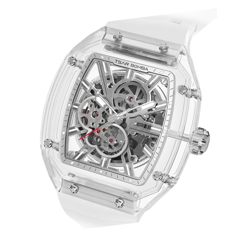 TSAR BOMBA Light Matter Series White Automatic Mechanical Watch | Sapphire Case & Bezel, Skeleton Dial, Fluoroelastomer Strap...