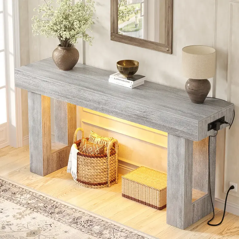 63'' Farmhouse Console Table with Power Outlets and Motion Sensor Light, Wooden Entryway Table Sofa Table for Entrance, Hallw...