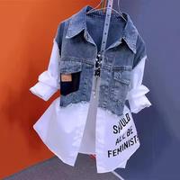 Women Denim Jacket Fake Two Denim Shirts 2025 New Spring Summer Autumn Casual Fashion Joker Stitching Striped Tops Coat Femal...