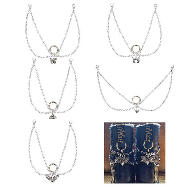 10Pcs 5 Style Butterfly with Skull Tibetan Style Alloy Boot Strap Chains
