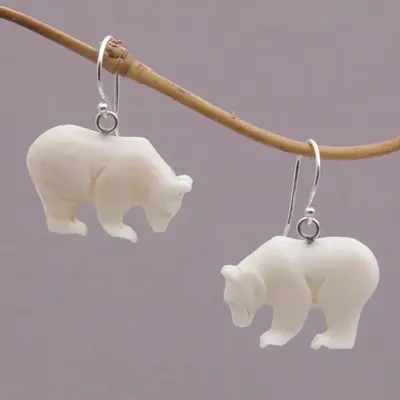 NOVICA Grizzly Brothers Handcrafted Bone Grizzly Bear Dangle Earrings from Bali