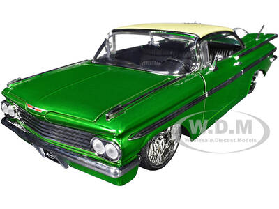 1959 Chevrolet Impala Lowrider Green Metallic with Cream Top and DUB Wire Wheels Street Low Series 1/24 Diecast Model Car b...