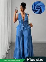 【Plus Size】 Solid Color Top & Wide Leg Pants Set, Elegant Fashion Casual Two-piece Outfits for Daily Outdoor Wear, Women'...