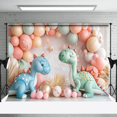 Pink Wall Balloon Dinosaurs Boho Cake Smash Backdrop
