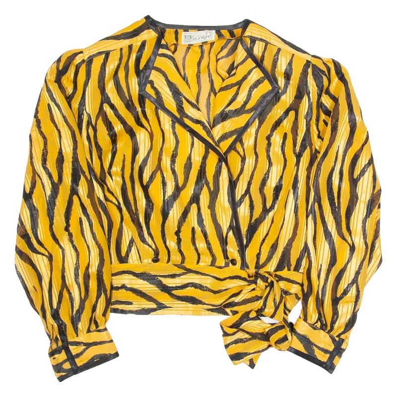 Womens Cropped Blouse Yellow V-Neck Long Sleeve Striped S