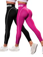 Women's Colorblock Letter Tape High Waist Sports Leggings, High Stretch Seamless Yoga Tummy Control Leggings, Workout Clothes...