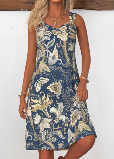 Modlily Navy Grommet Tribal Print A Line Sleeveless Dress - XL
