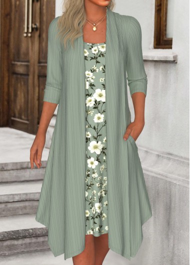 Modlily Sage Green Fake 2In1 Floral Print A Line Dress - L
