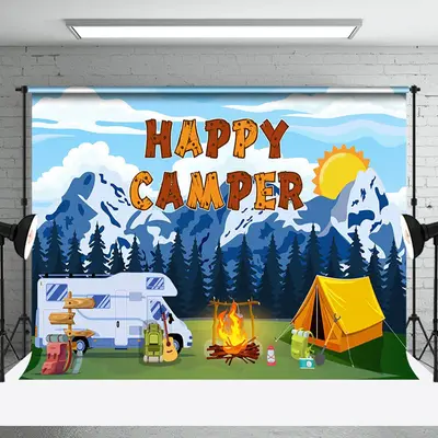 Aperturee Snowy Forest RV Happy Camper Vibe Birthday Backdrop - Aperturee