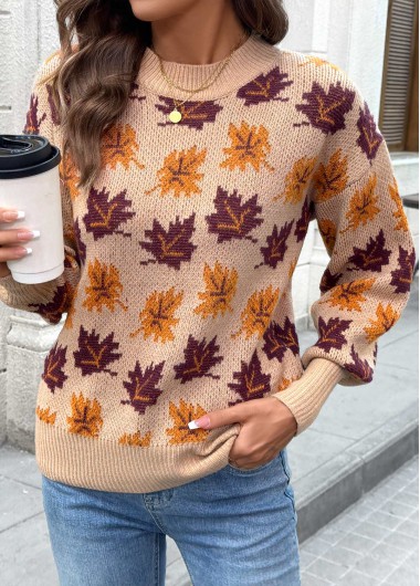 Modlily Light Coffee Leaf Print Long Sleeve Round Neck Sweater - M