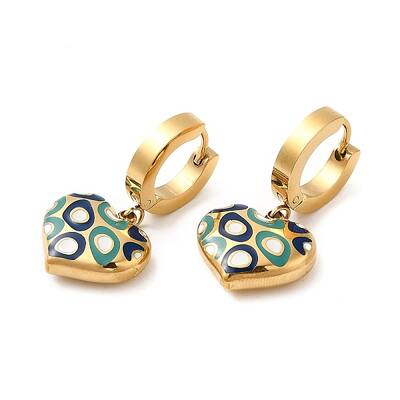 Ion Plating(IP) 304 Stainless Steel Heart Dangle Hoop Earrings with Enamel