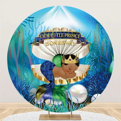 Aperturee Little Mermaid Is On His Way Round Baby Shower Backdrop | Circle Party Backdrop | Baby Shower Round Backdrop | Circ...