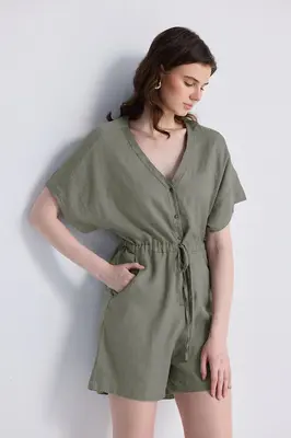 V neck Drawstring Romper in Dark Green | Color: Hemp Dark Green | Size: XL