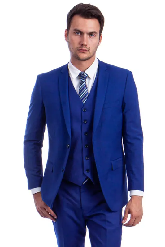 Royal Blue Men's Wedding & Business Suit - Vested Two Button Solid Color