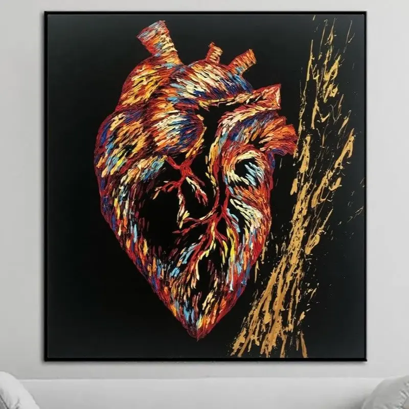 Abstract Heart Paintings On Canvas Black Background Impasto Oil Painting Medical Art Clinic Decor Modern Artwork Doctor Offic...