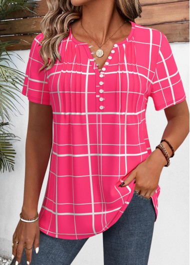 Modlily Hot Pink Plaid Short Sleeve Split Neck Shirt - XL