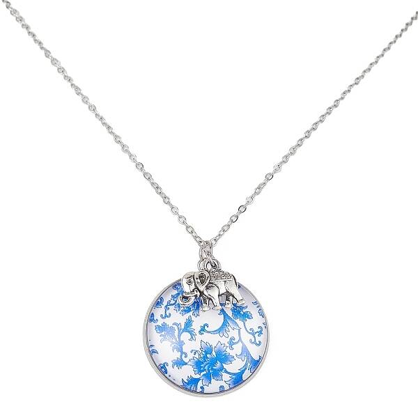 Steel Blue Glass Flat Round & Alloy Pendant Necklace