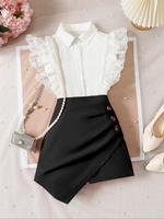Girl's Solid Color Contrast Lace Butterfly Sleeve Button Front Blouse & Skorts Co-ord Set without Bag, Casual Fashion Two-pie...