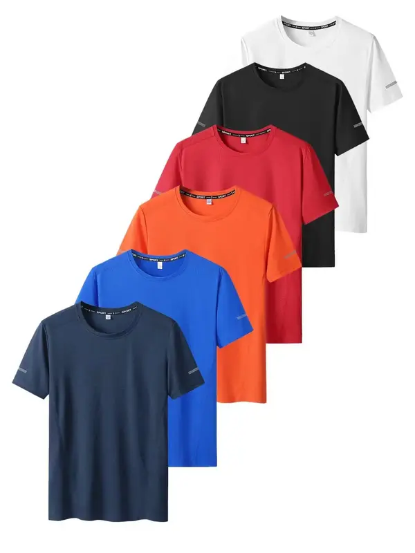 【Plus Size】 Men's 6pcs Solid Round Neck Tee, Casual Quick Drying Short Sleeve T-shirt for Summer, Men's Back To School Cl...