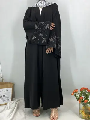 Women's Solid Color Long Sleeve Open Front Abaya, Modest Casual Diamond Decor Kaftan, Muslim Clothing for Women