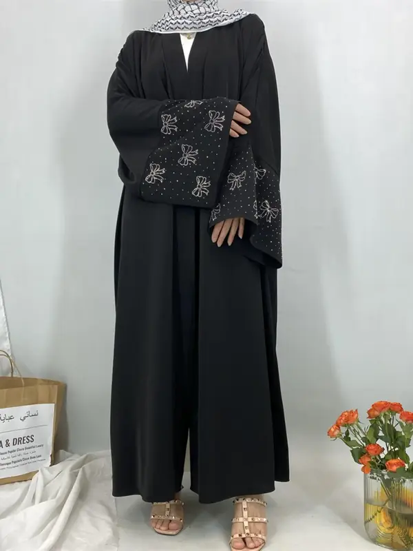 Women's Solid Color Long Sleeve Open Front Abaya, Modest Casual Diamond Decor Kaftan, Muslim Clothing for Women