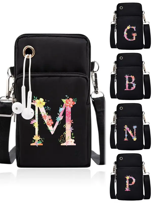 Women's Cute Letter & Flower Pattern Zipper Crossbody Bag, Fashionable Phone Wallet Bag with Earphone Port, Versatile All-mat...