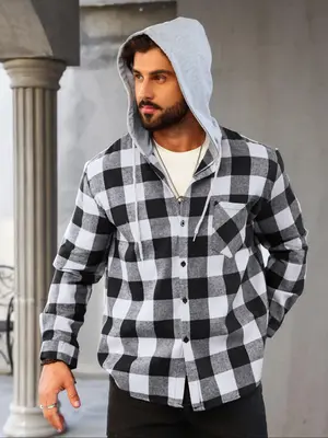 Men's Plaid Print Button Front Hooded Jacket, Casual Regular Fit Long Sleeve Drawstring Pocket Outerwear for Daily Wear, Men'...